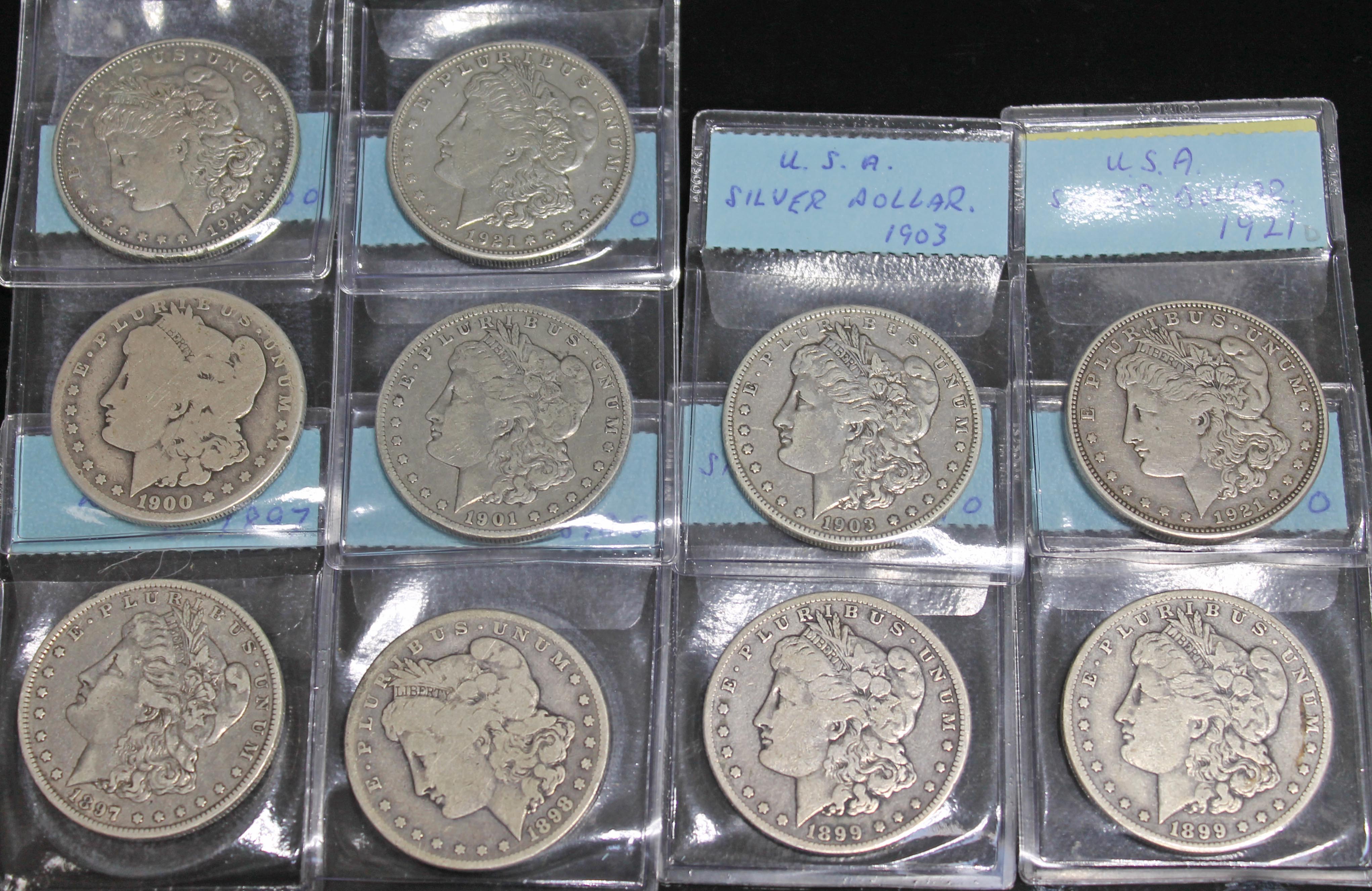 Ten United States dollars, various dates 1897 to 1921.