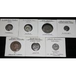 A group of seven ancient coins to include 1 x P.Clodius M.F 42 B.C denarius: head of Apollo: Diana