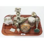 A tray of assorted hallmarked silver including a cream jug, two vases, a candlestick, a coaster,