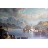 Continental school, late 19th/early 20th century, lake scene, oil on canvas, 81cm x 56cm, framed and