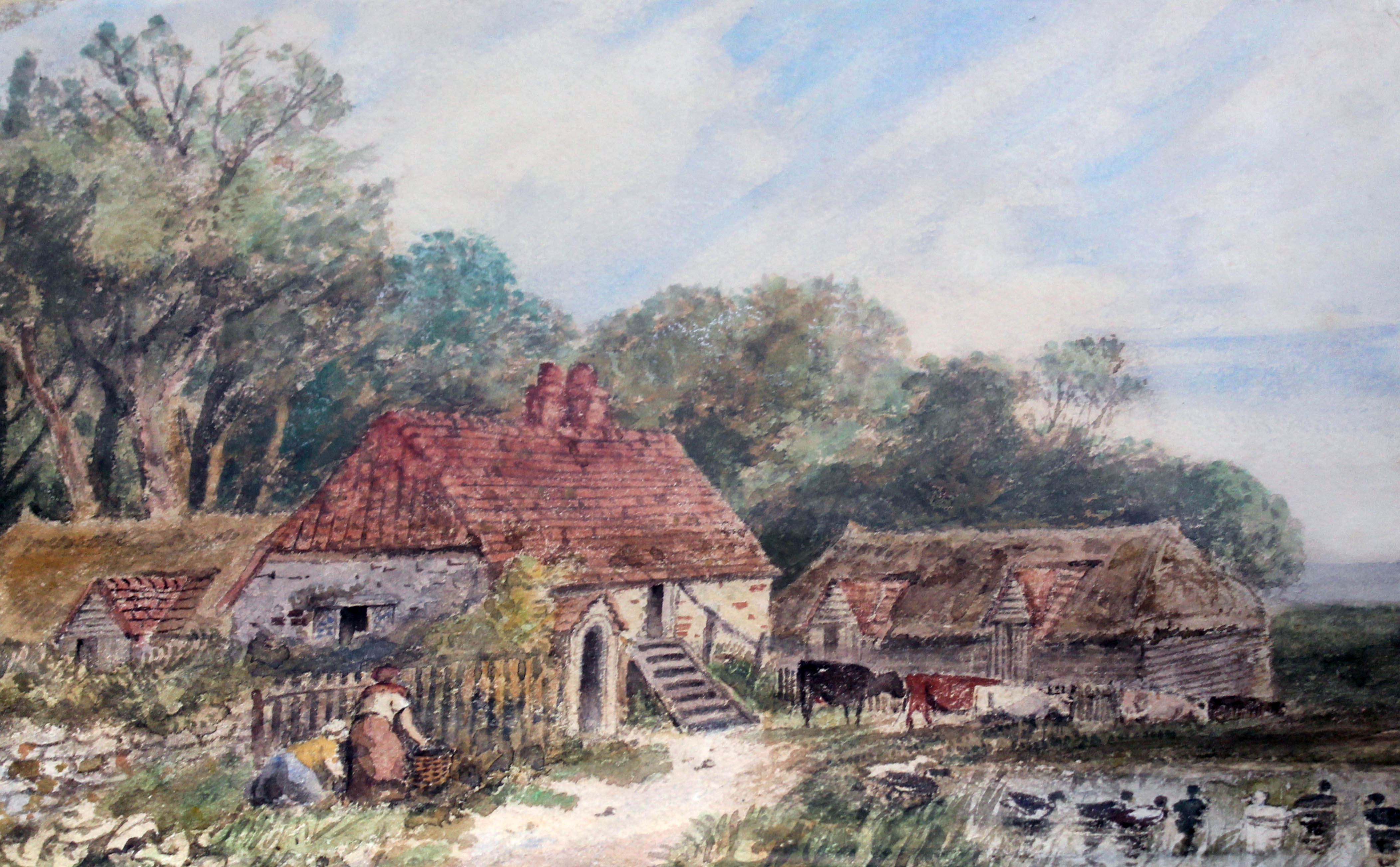 Attributed to James Price (b.1818), farm scene with woman and cattle, watercolour, 52cm x 37.5cm,