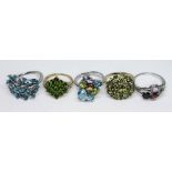 A group of five assorted rings, various stones, all marked '925', sizes O to U.