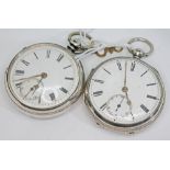 Two Victorian hallmarked silver key wind open faced pocket watches, the first with gilded fusee