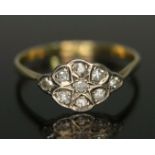 An early 20th century diamond cluster ring, the marquise shaped cluster measuring 12.70mm x 7.