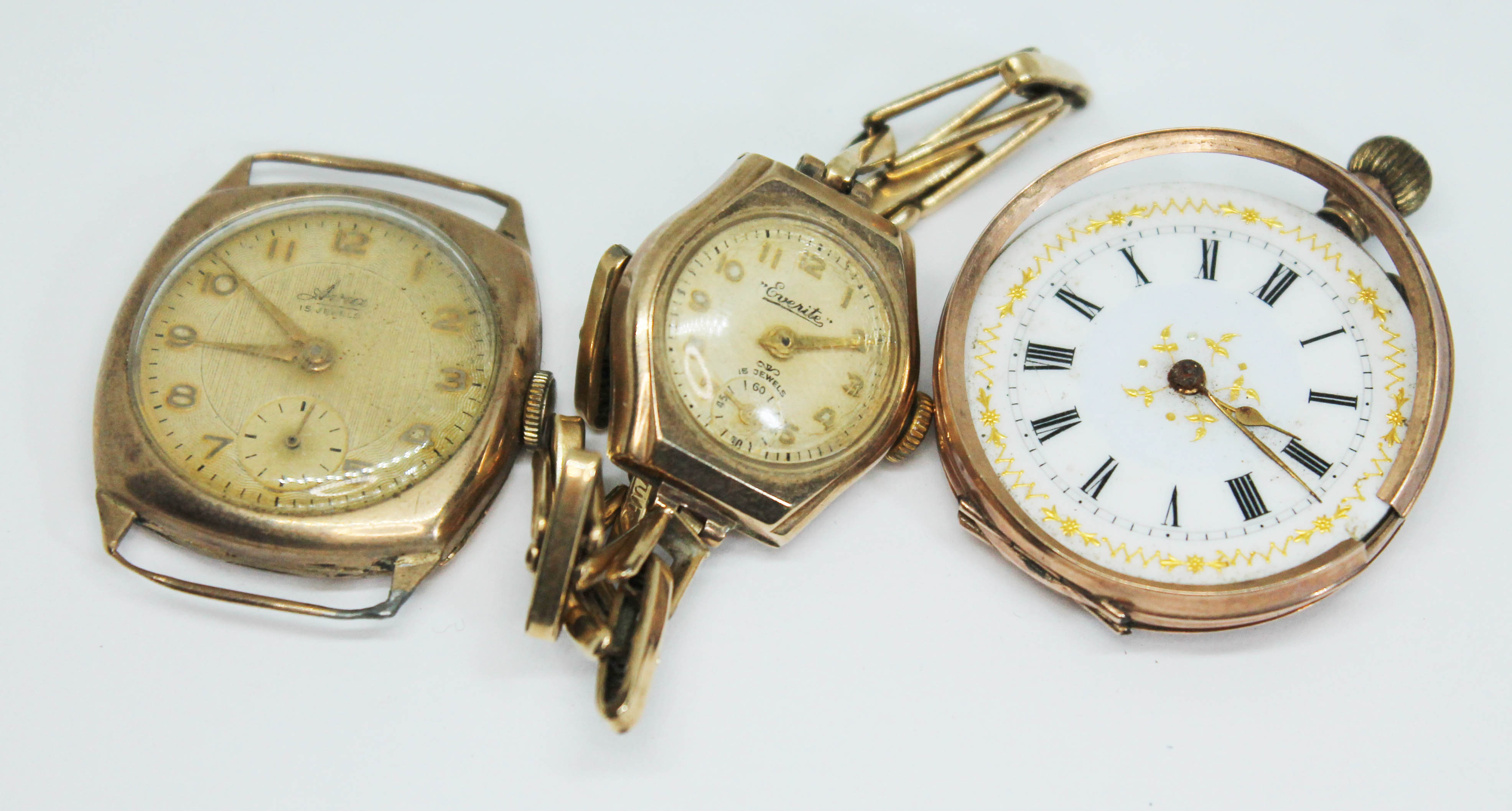 Three 9ct gold watches comprising a 1950s hallmarked Avia 15 jewel manual wind wristwatch, a 1950s