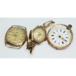 Three 9ct gold watches comprising a 1950s hallmarked Avia 15 jewel manual wind wristwatch, a 1950s