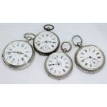 Four antique continental open face key wind pocket watches comprising three ladies pocket watches