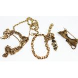 Four 9ct gold bracelets/part chains marked '375', gross weight 12.2g, together with a yellow metal