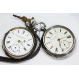 Two Victorian hallmarked silver open faced pocket watches comprising a key wind fusee with