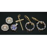Assorted jewellery comprising a pair of hallmarked 9ct gold multi-functional diamond cluster