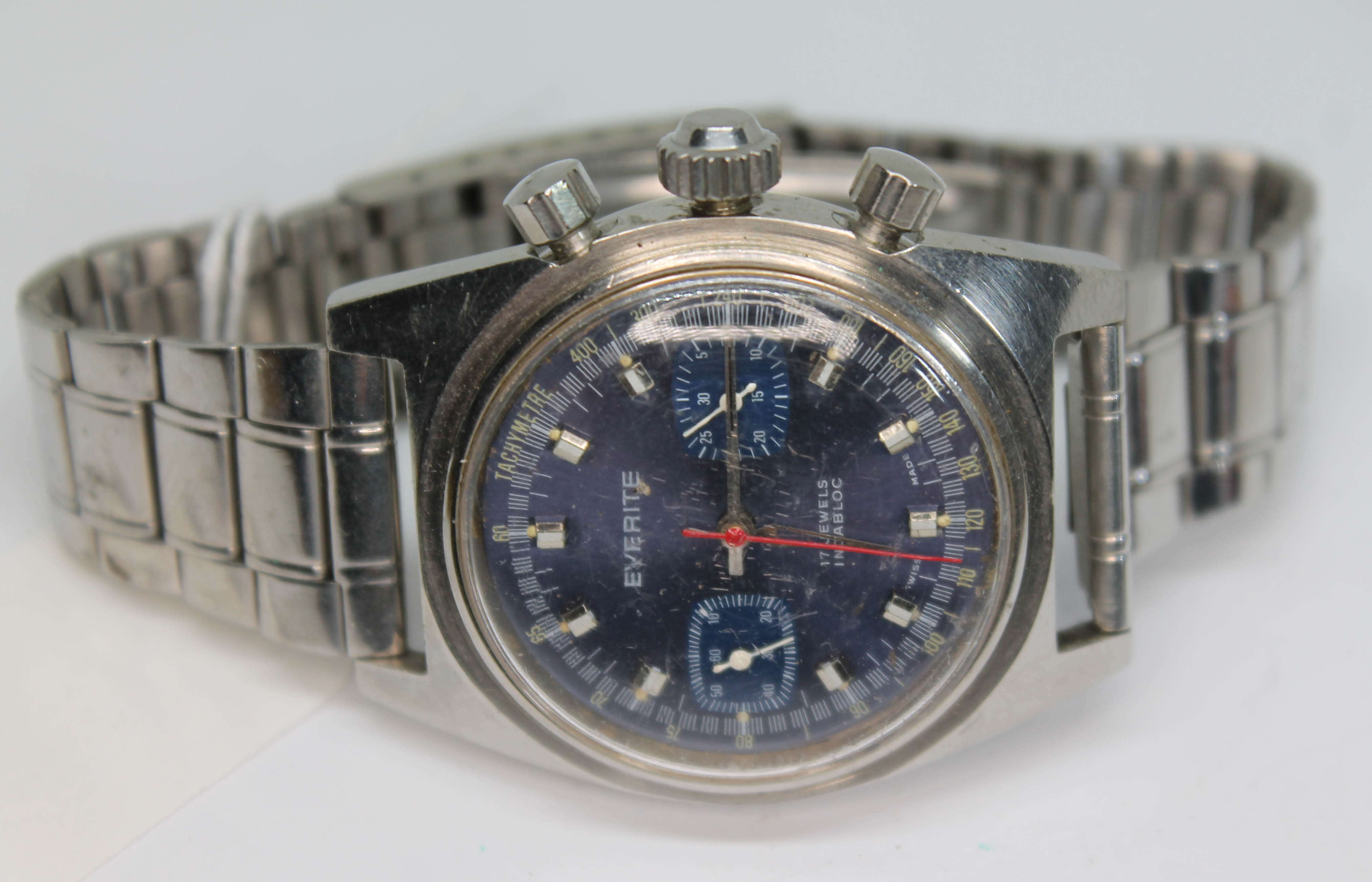 A 1970s stainless steel Everett chronograph wristwatch with signed blue dial having silver tone
