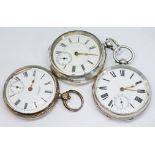Three hallmarked silver Waltham open face key wind pocket watches, the first having Farringdon D