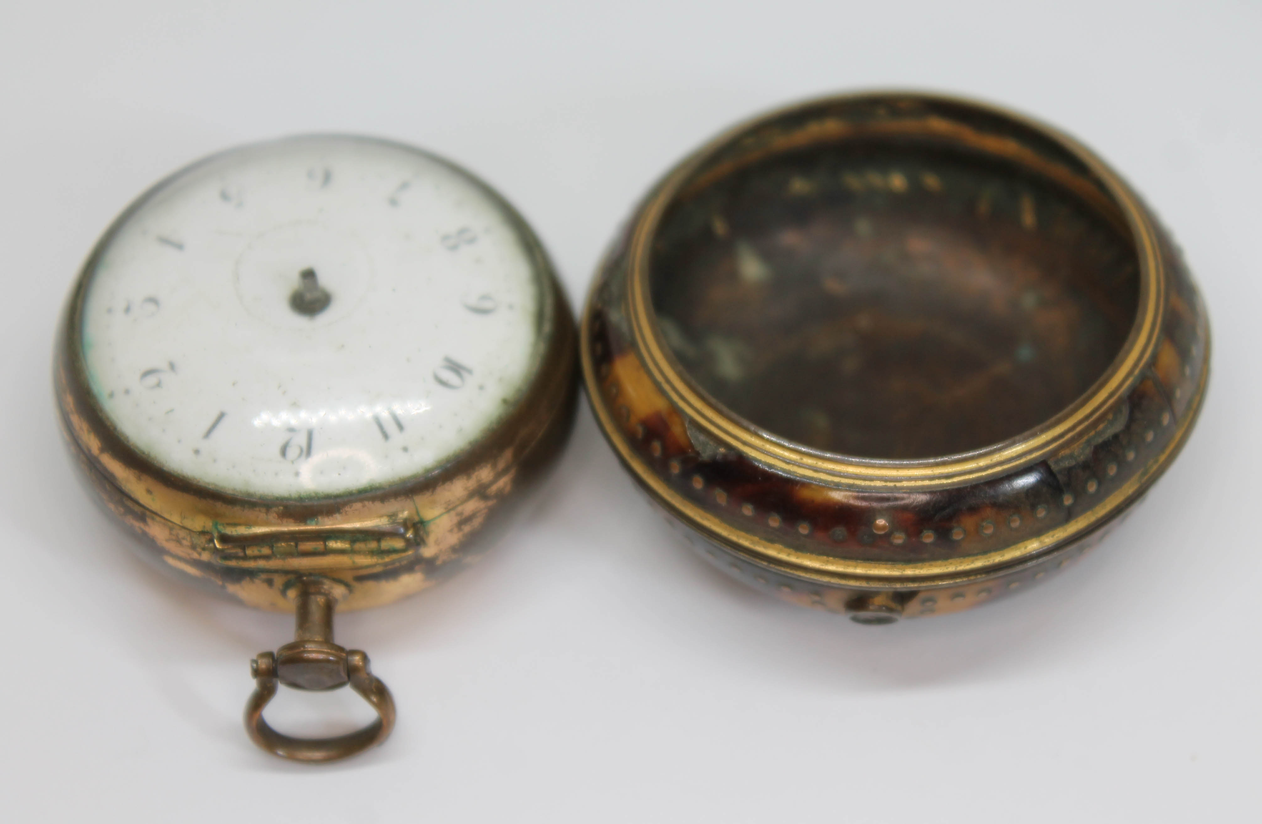 A Georgian pair case key wind fusee pocket watch with white enamel dial having Arabic numerals, - Image 2 of 5