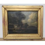 English 18th century school, landscape scene, oil on canvas, 25cm x 19cm, gilt frame.