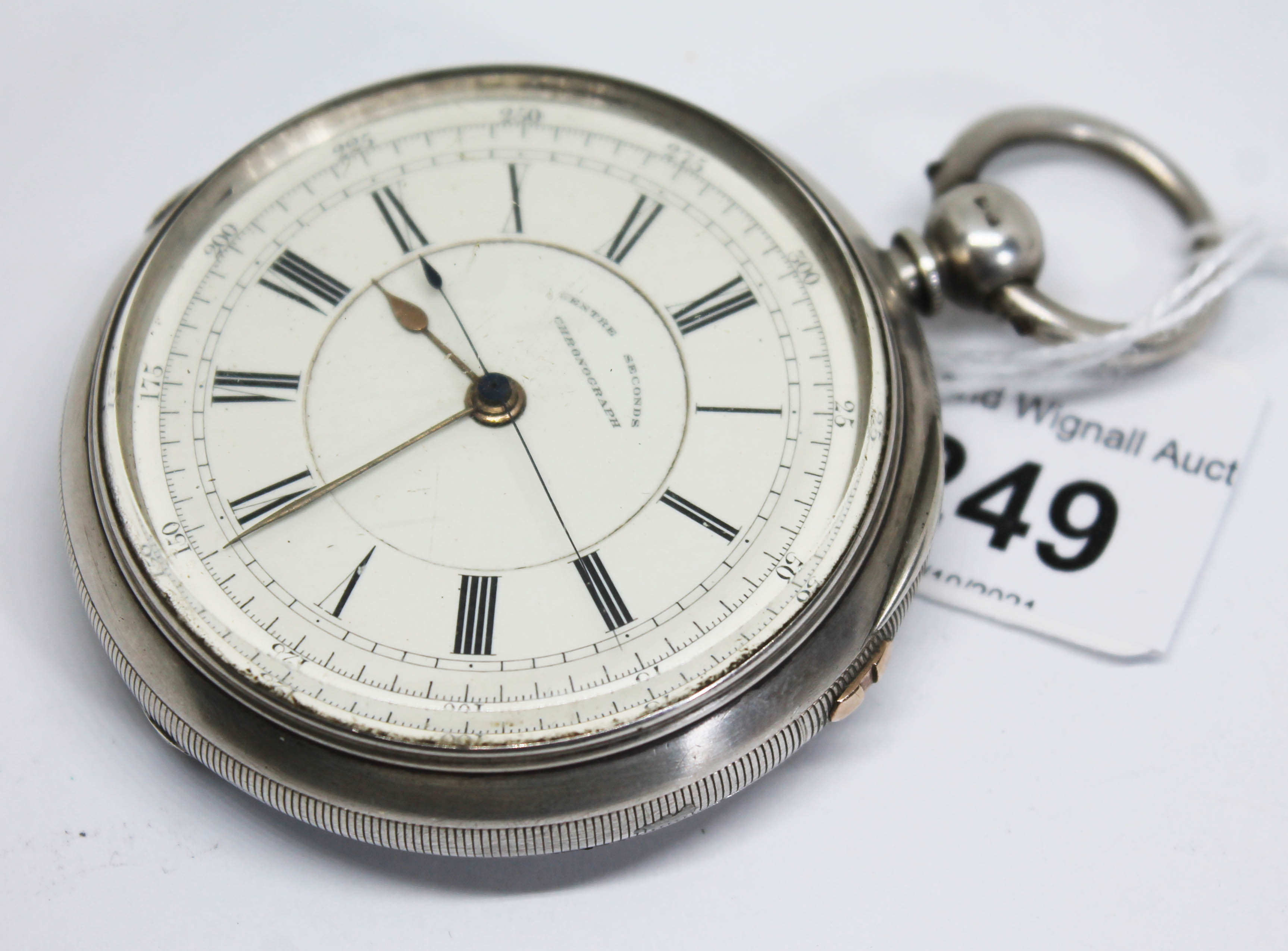 A Victorian hallmarked silver open faced centre seconds chronograph key wind pocket watch having