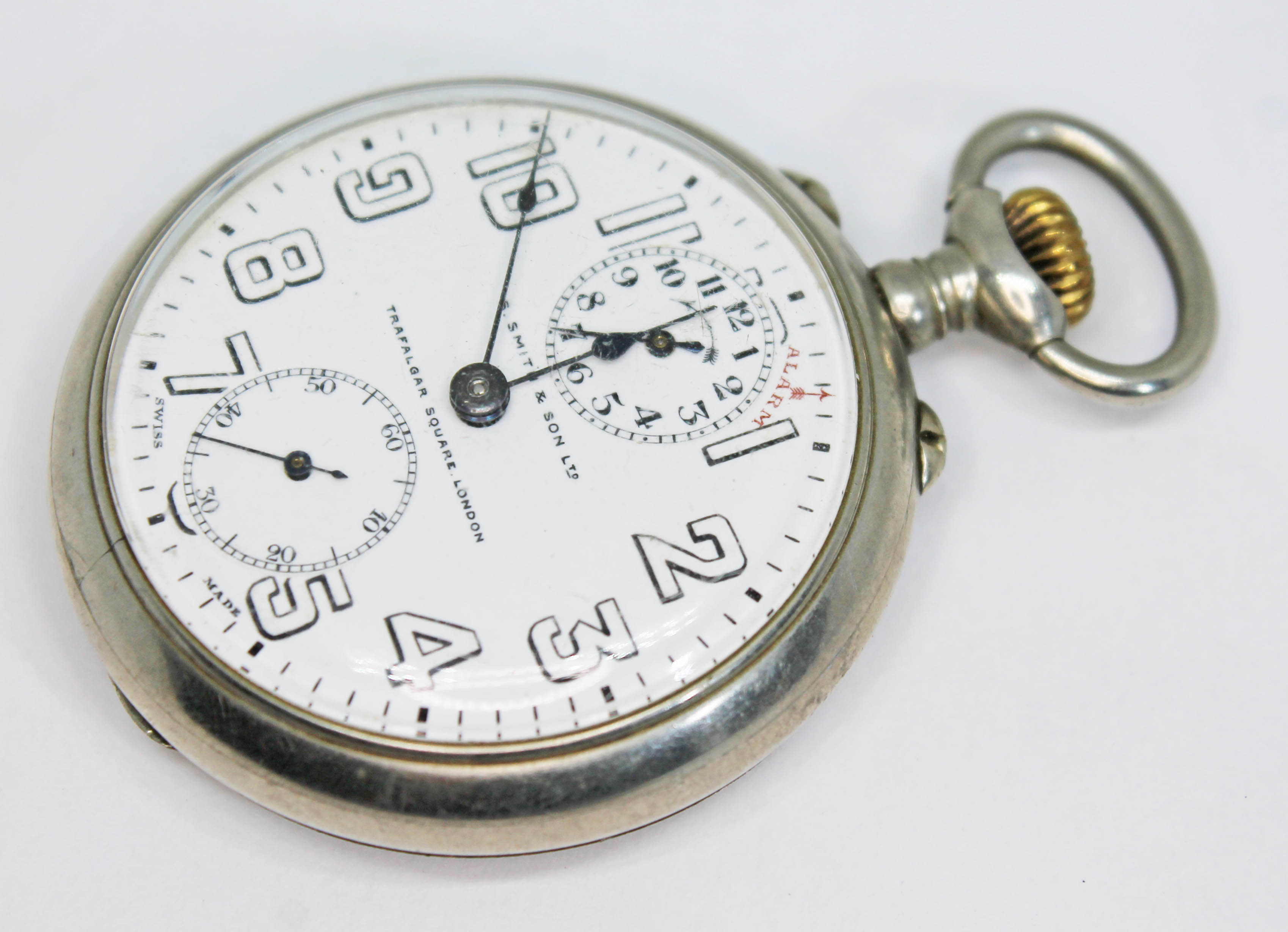 A 1920s/30s chrome plated Zenith/S. Smith & Son, London (Smiths) open faced alarm pocket watch