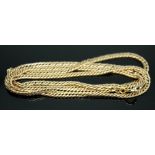 A yellow metal chain, length 62cm, unmarked, tests as 9ct gold, wt. 10.32g.