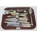 A tray of assorted silver & silver handled cutlery, weighable silver over 20 troy oz.