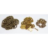 Assorted yellow metal comprising a 156cm guard chain, a four strand link bracelet and another