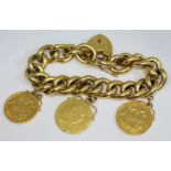 An early 20th century charm bracelet with two half sovereigns 1902 & 1914 and a 1793 half guinea,