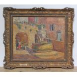 Toty Fauchet (French), street scene with fountain, oil on canvas, 63cm x52cm, signed lower right,