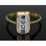 A diamond and sapphire cluster ring, the rectangular cluster measuring 9.57mm x 6.71mm, band