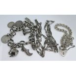 Assorted silver and white metal comprising a charm bracelet, another bracelet and two chains,