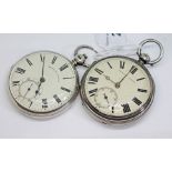 Two Victorian hallmarked silver open faced key wind fusee pocket watches, both having white enamel