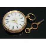 A continental 14ct gold ladies key wind pocket watch having white enamel dial with Roman numerals