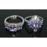 Two hallmarked 9ct white gold tanzanite and diamond cluster rings, gross wt. 5.33g, size O.