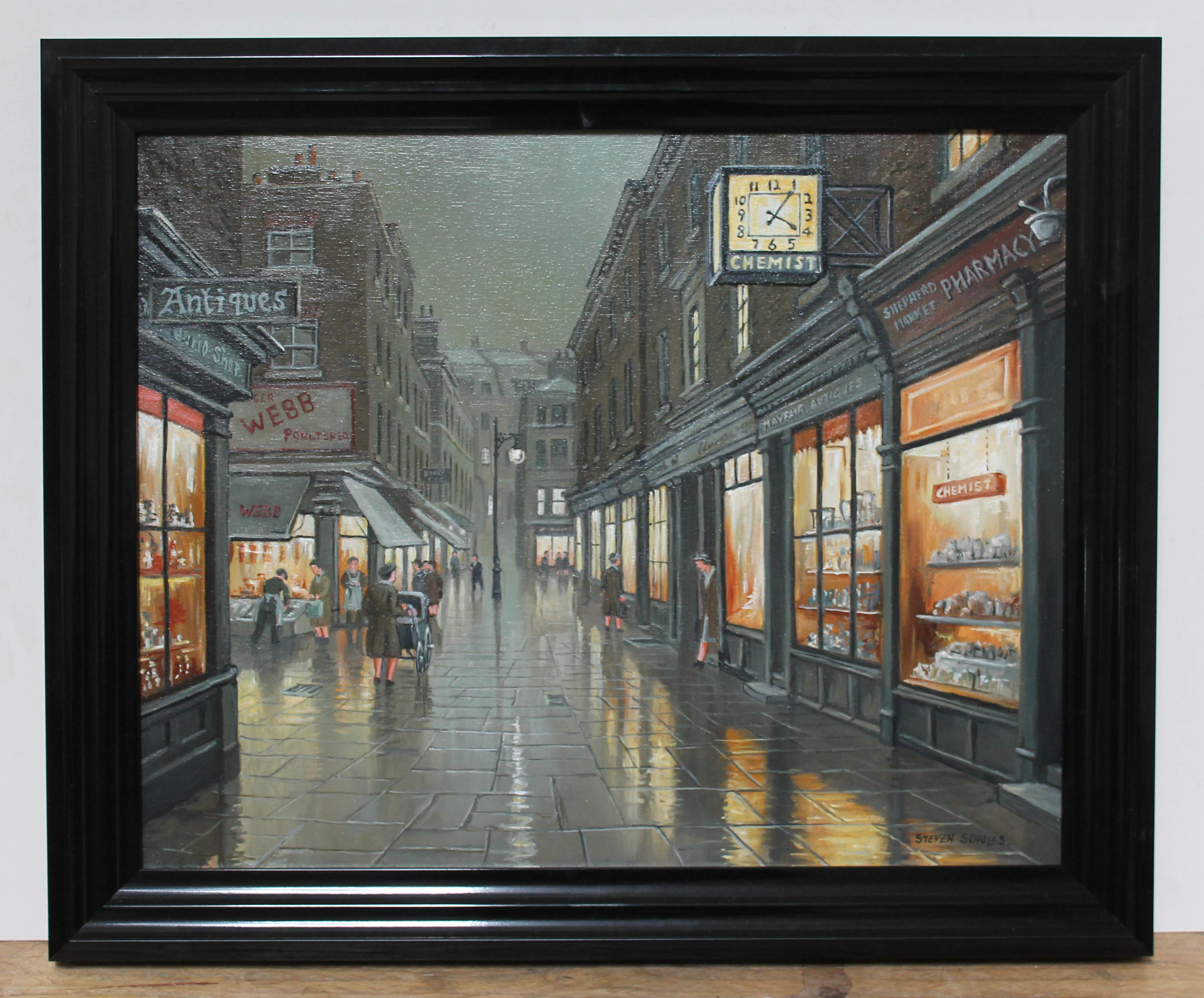 Steven Scholes (born 1952), 'Shepherd Market, Mayfair, London 1958', oil on canvas, 49.5cm x 39.5cm,