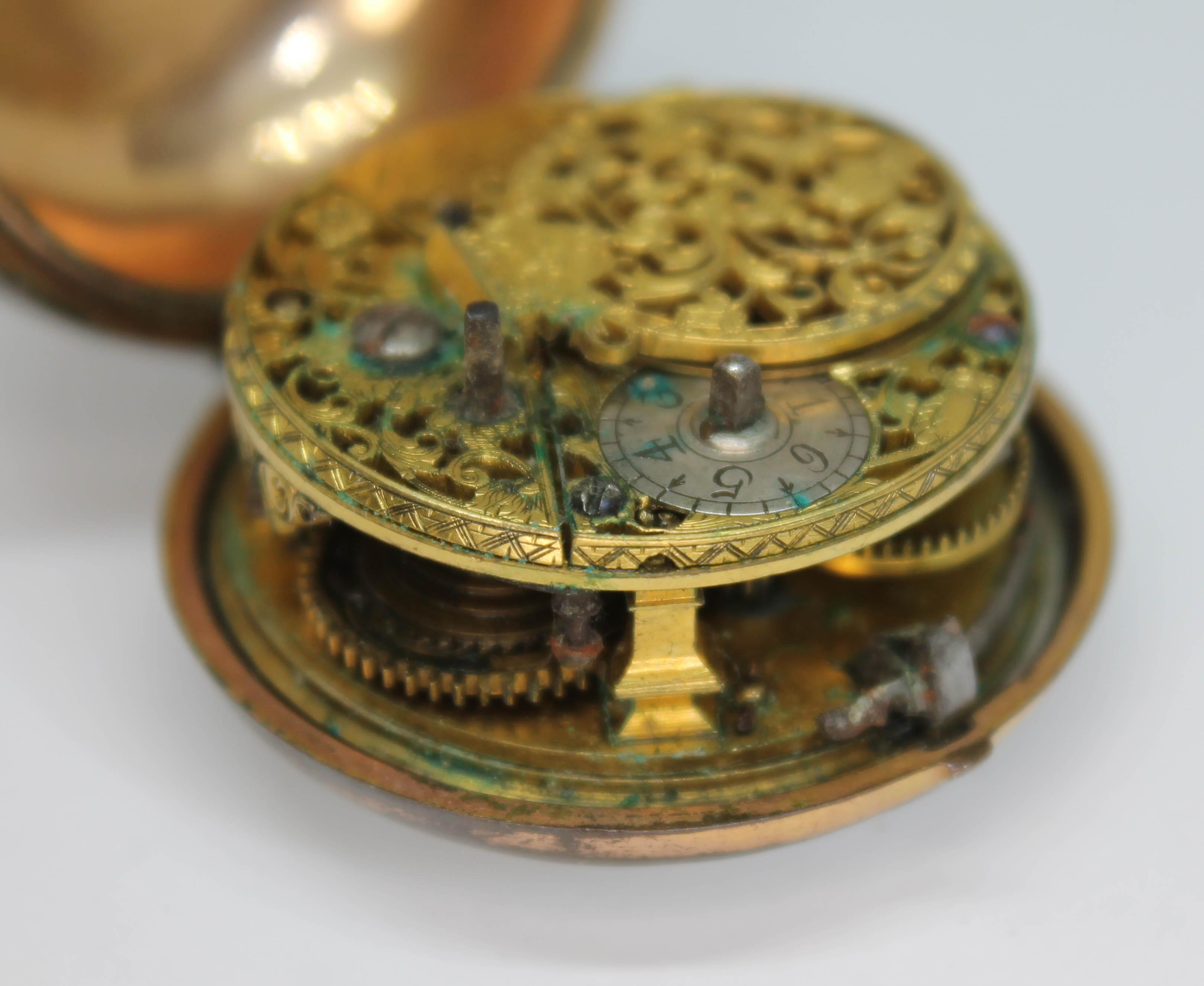 A Georgian pair case key wind fusee pocket watch with white enamel dial having Arabic numerals, - Image 5 of 5