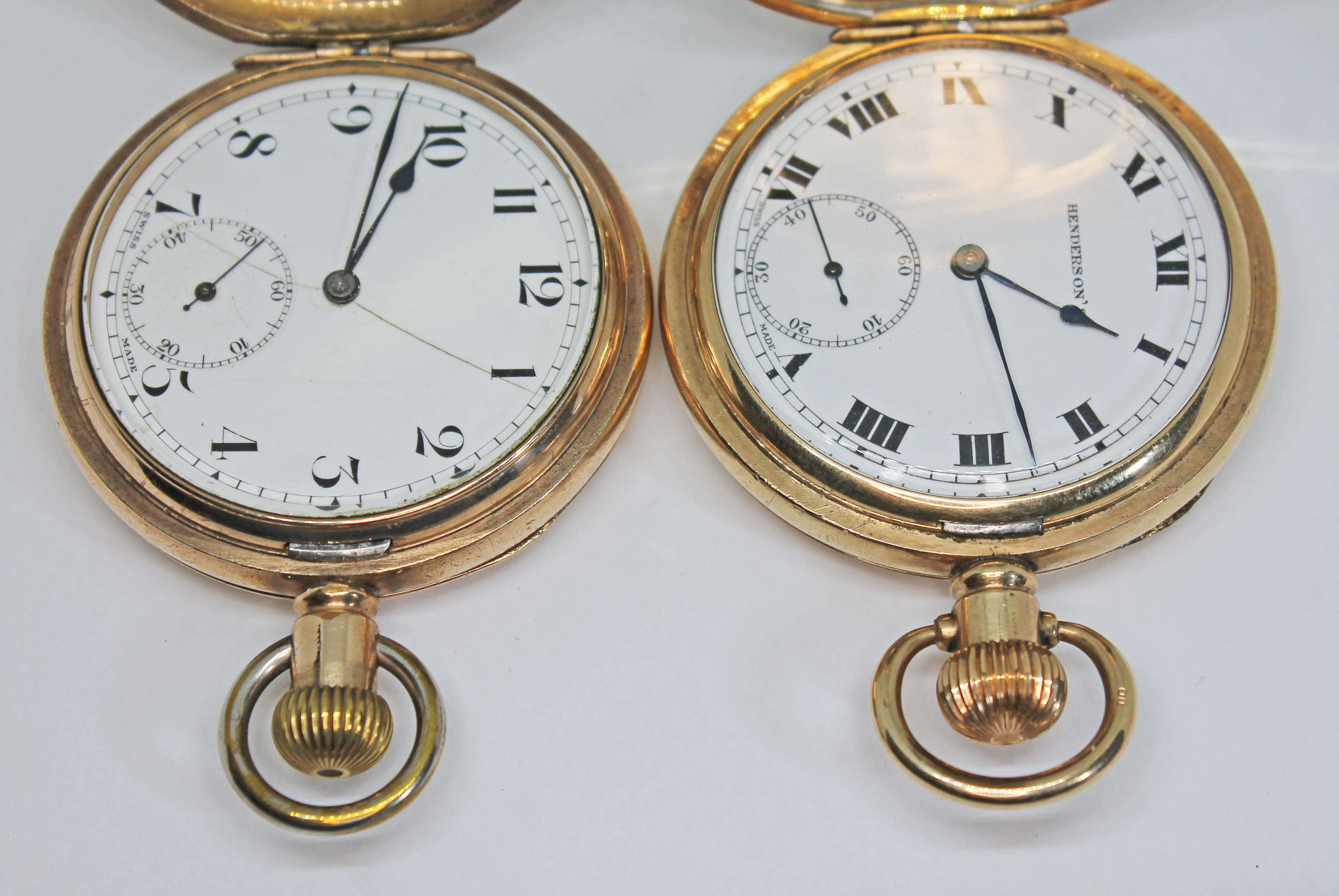 Two gold plated full hunter pocket watches comprising a Zenith with unsigned white enamel dial