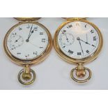 Two gold plated full hunter pocket watches comprising a Zenith with unsigned white enamel dial