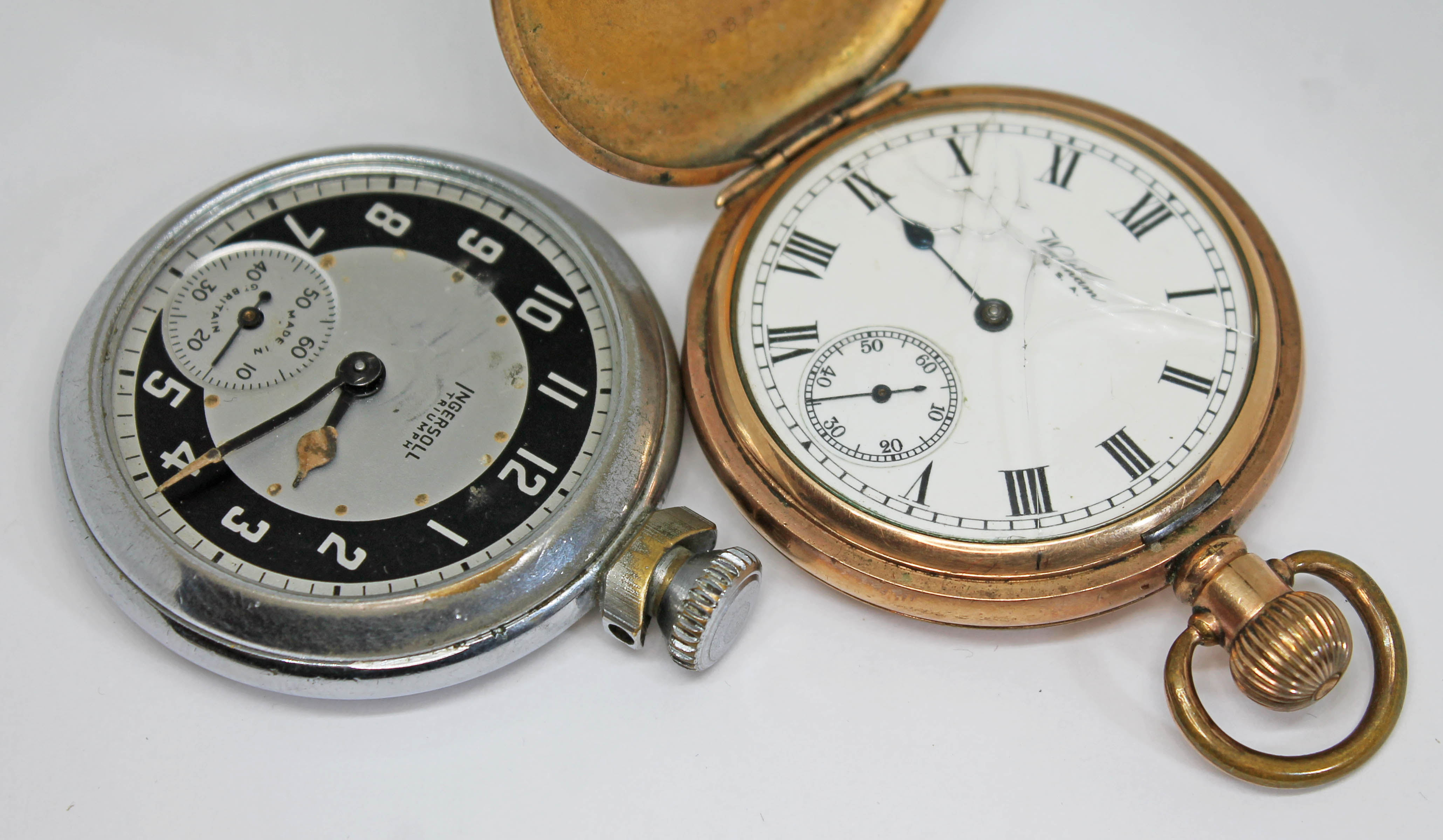 Two pocket watches comprising, a gold plated Waltham full hunter pocket watch, circa 1926, having