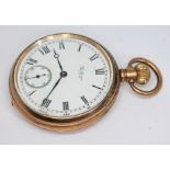 A gold plated Waltham open face pocket watch, circa 1919, the signed white enamel dial having