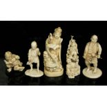 A group of five Japanese Meji period carved ivory okimono, heights 65mm to 13cm.