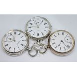 Three antique open faced key wind pocket watches comprising two Swiss silver cased Fattorini &