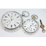 Two Victorian hallmarked silver open faced pocket watches comprising a key wind Thomas Russell & Son