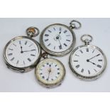 A collection of four antique silver open faced ladies pocket watches, comprising of three unsigned