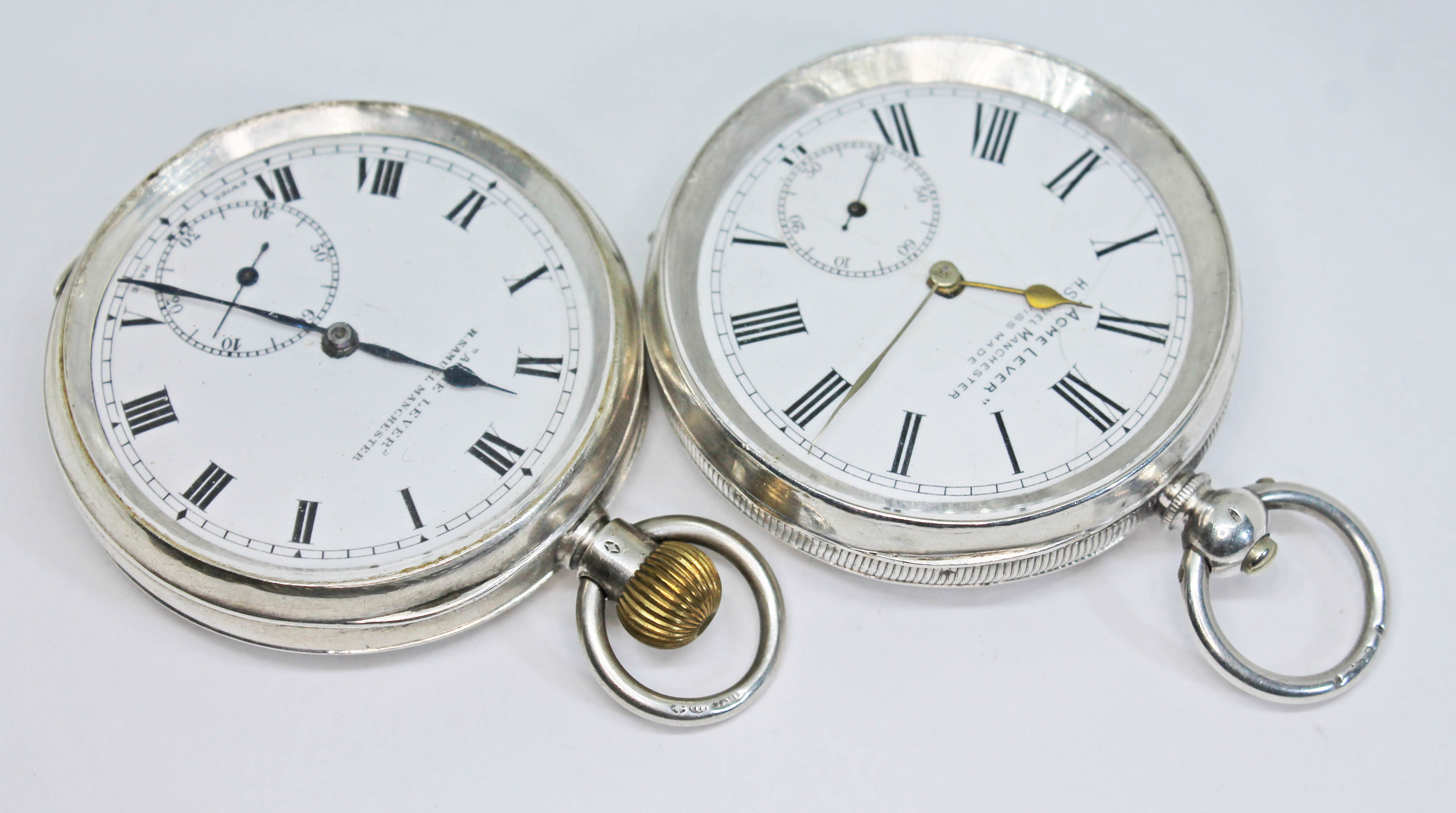 Two antique 'Acme Lever' silver open face pocket watches by H. Samuel, Manchester, both with