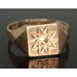 A hallmarked 9ct gold signet ring, wt. 4.45g, size V, (broken).