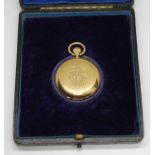 A ladies hallmarked 18ct gold pocket watch, fitted in case, gross wt. 53.96g.