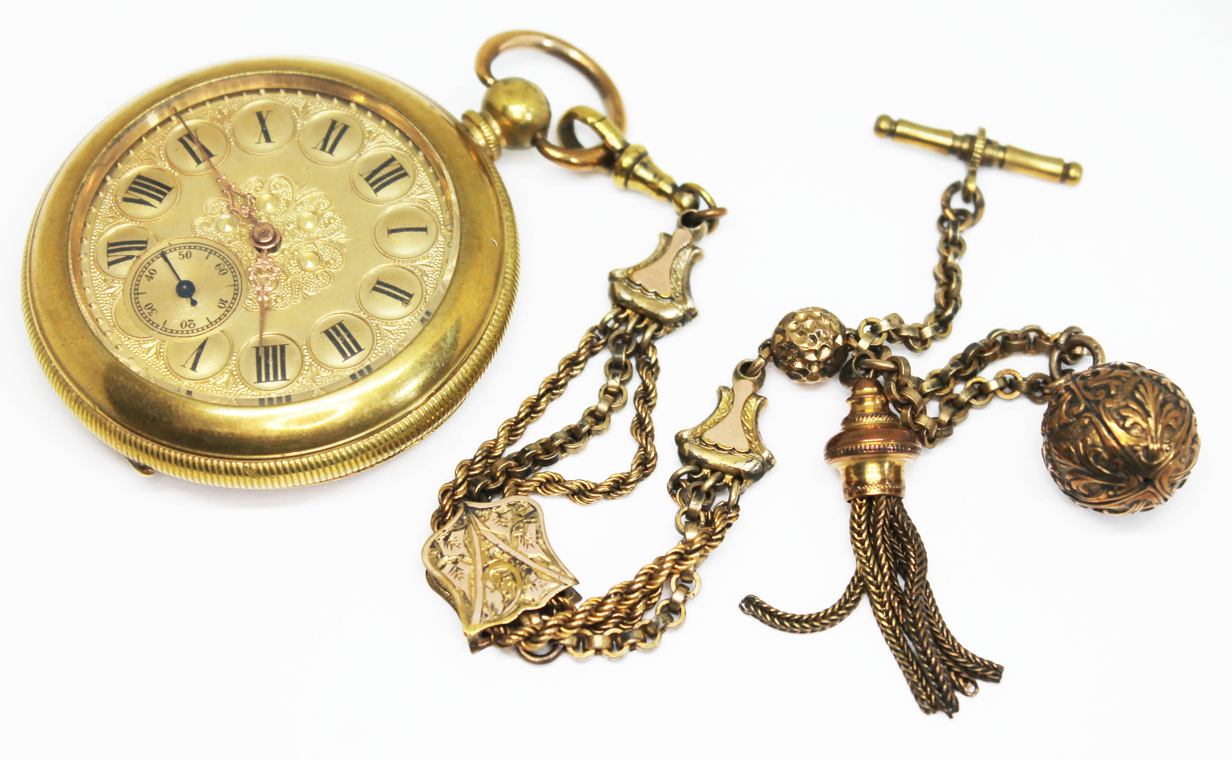 A late 19th/early 20th century gold plated key wind pocket watch with ornately decorated unsigned