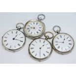 Four antique continental silver open face key wind ladies pocket watches, two marked 'fine silver'