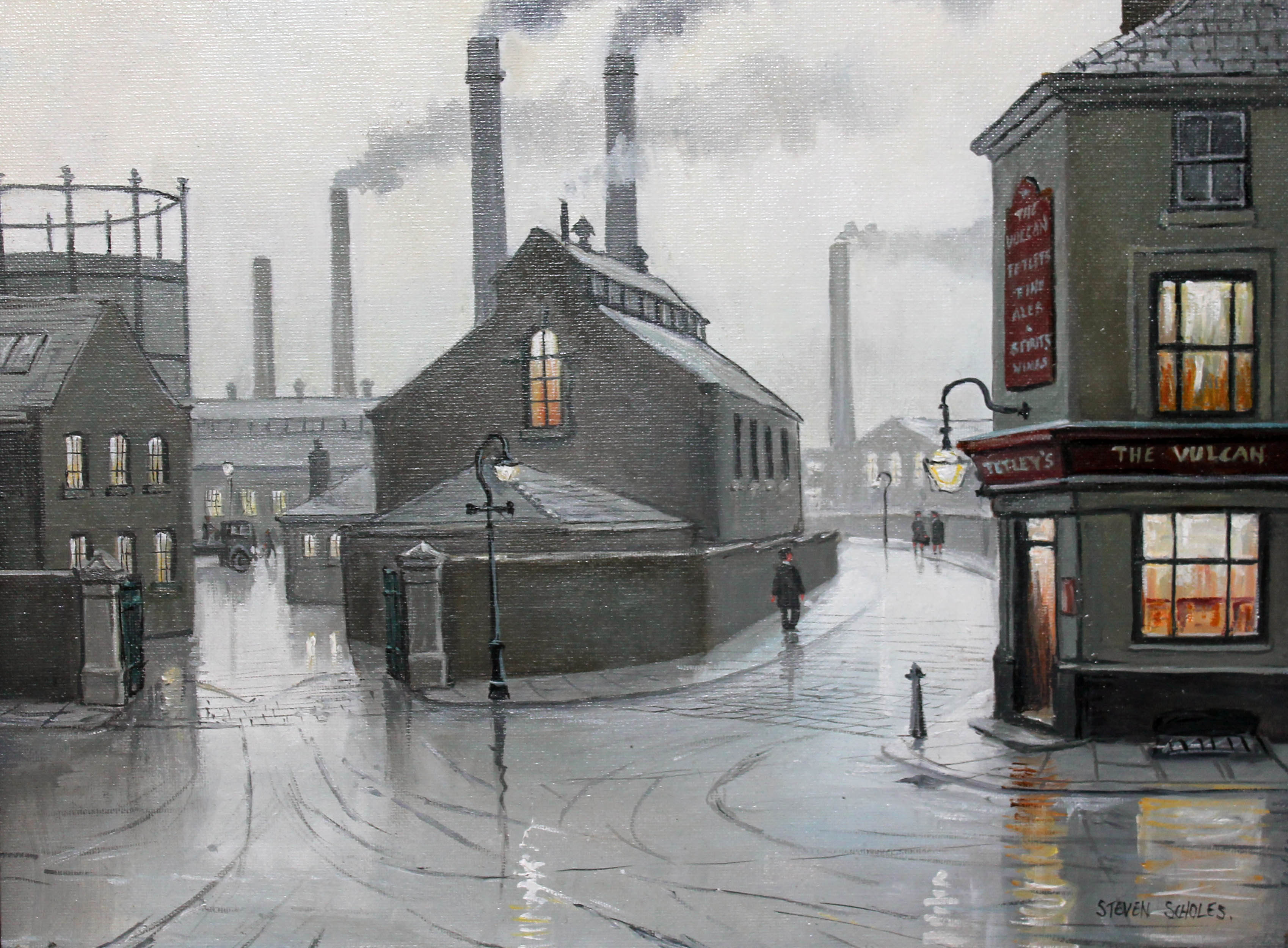 Steven Scholes (born 1952), 'Salford Gasworks 1962', oil on canvas, 20cm x 30cm, signed to lower