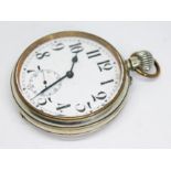 An antique oversized chrome plated railroad style open faced pocket watch having unsigned white