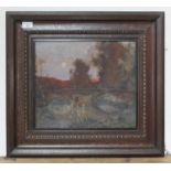 Arthur G Quigley, impressionist style scene with bridge, oil on board, 37.5cm x 32cm, oak frame.