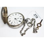 A Victorian hallmarked silver full hunter fusee pocket watch having unsigned white enamel dial