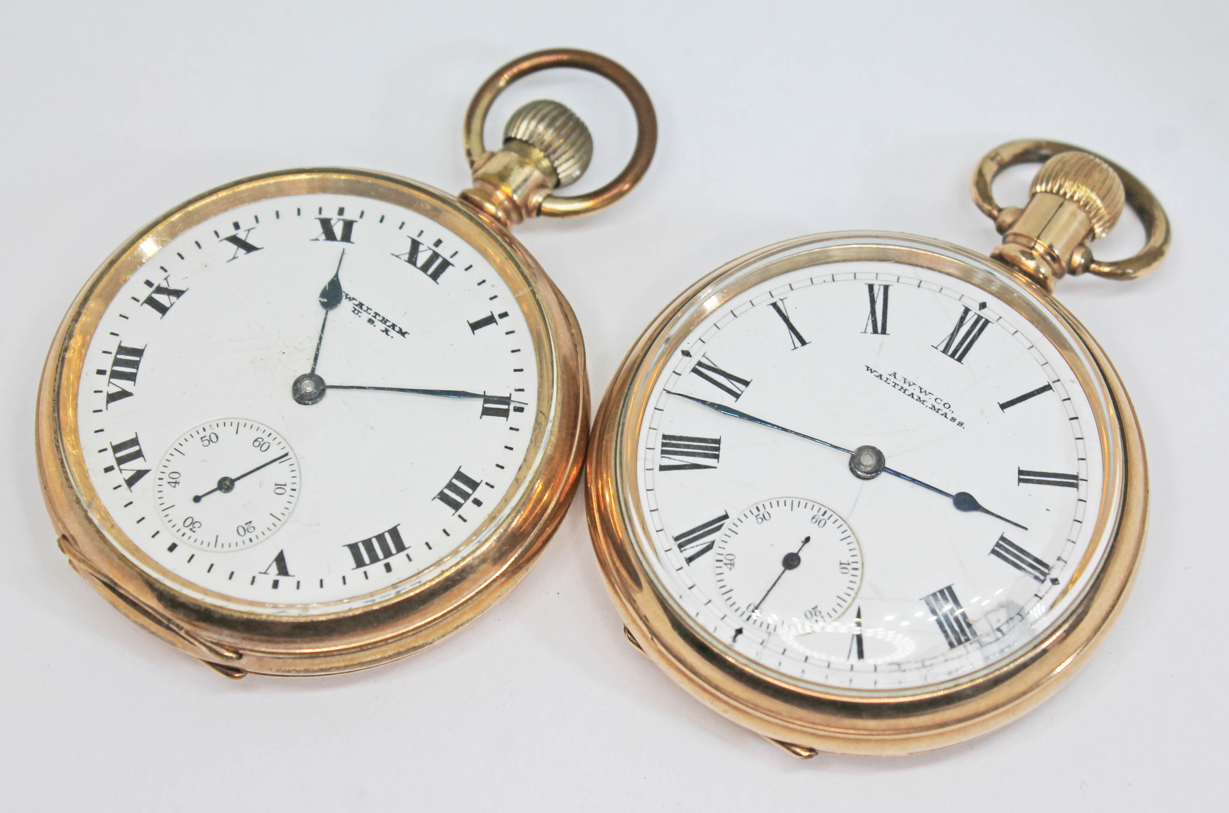 Two gold plated Waltham open face pocket watches, circa 1898 & 1908, both having signed white enamel